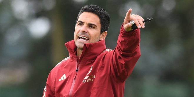 Arsenal manager Mikel Arteta during a training session at London Colney on July 04, 2023 in St Albans, England.