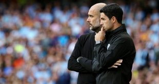 Arsenal manager Mikel Arteta and Manchester City boss Pep Guardiola look on during the Premier League match between Manchester City and Tottenham Hotspur at Etihad Stadium on August 17, 2019 in Manchester, United Kingdom.