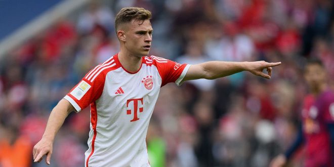 Joshua Kimmich of Bayern Munich in action during the Bundesliga match between FC Bayern München and RB Leipzig at Allianz Arena on May 20, 2023 in Munich, Germany.