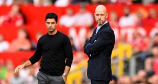 Arsenal and Manchester United managers Mikel Arteta and Erik ten Hag respectively look on during the Premier League match between Manchester United and Arsenal FC at Old Trafford on September 04, 2022 in Manchester, England.