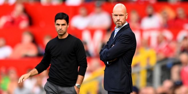 Arsenal and Manchester United managers Mikel Arteta and Erik ten Hag respectively look on during the Premier League match between Manchester United and Arsenal FC at Old Trafford on September 04, 2022 in Manchester, England.