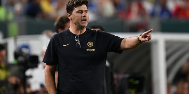 Chelsea head coach Mauricio Pochettino directs his team during the second half of the pre season friendly match against the Brighton & Hove Albion at Lincoln Financial Field on July 22, 2023 in Philadelphia, Pennsylvania.
