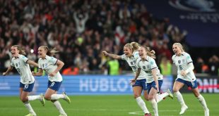 England Women celebrate after their penalty shootout win over Brazil in the 2023 Finalissima
