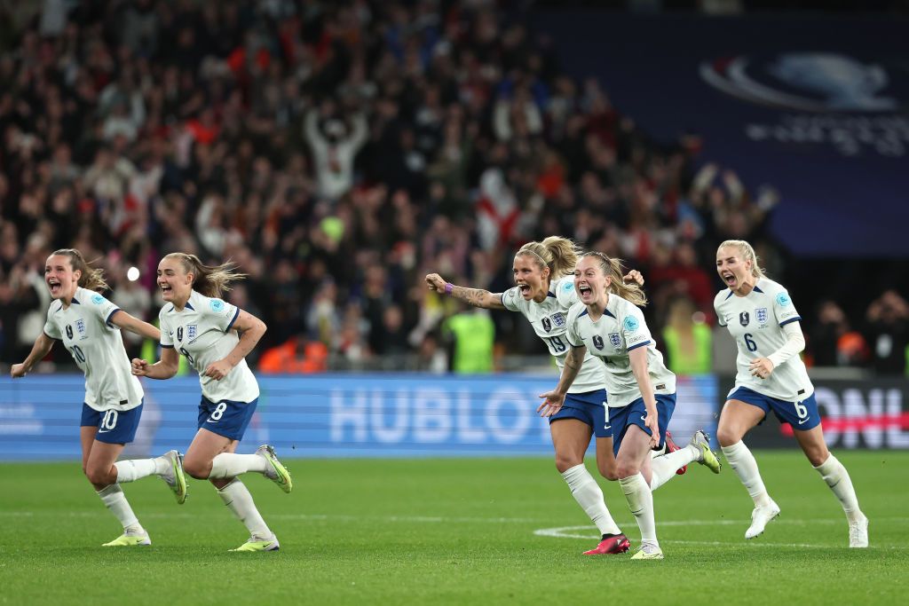 England Women celebrate after their penalty shootout win over Brazil in the 2023 Finalissima