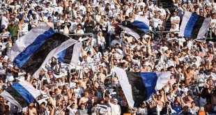 FC Copenhagen fans celebrating from the stands during the Danish Cup Final Pokalen match against AaB Aalborg in May 2023.