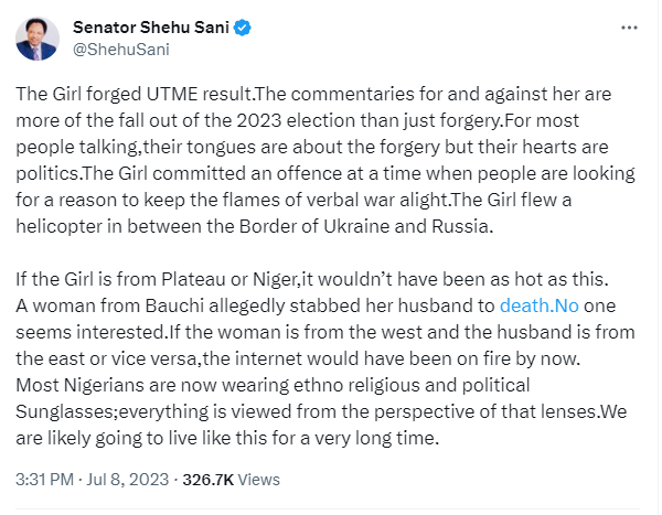 Fake JAMB result: If the girl is from Plateau or Niger, it wouldn?t have been as hot as this- Shehu Sani shares his thoughts on the backlash Mmesoma Ejikeme has received