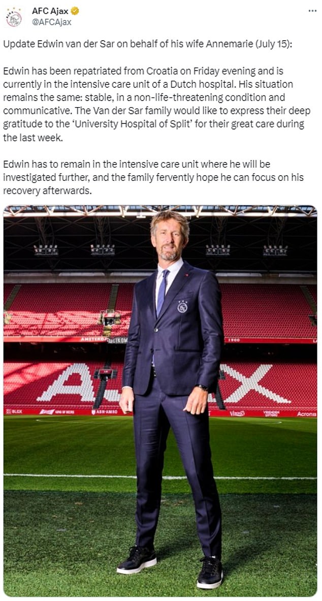 Former Man.United goalkeeper, Edwin van der Sar is moved to a hospital in the Netherlands, where he is