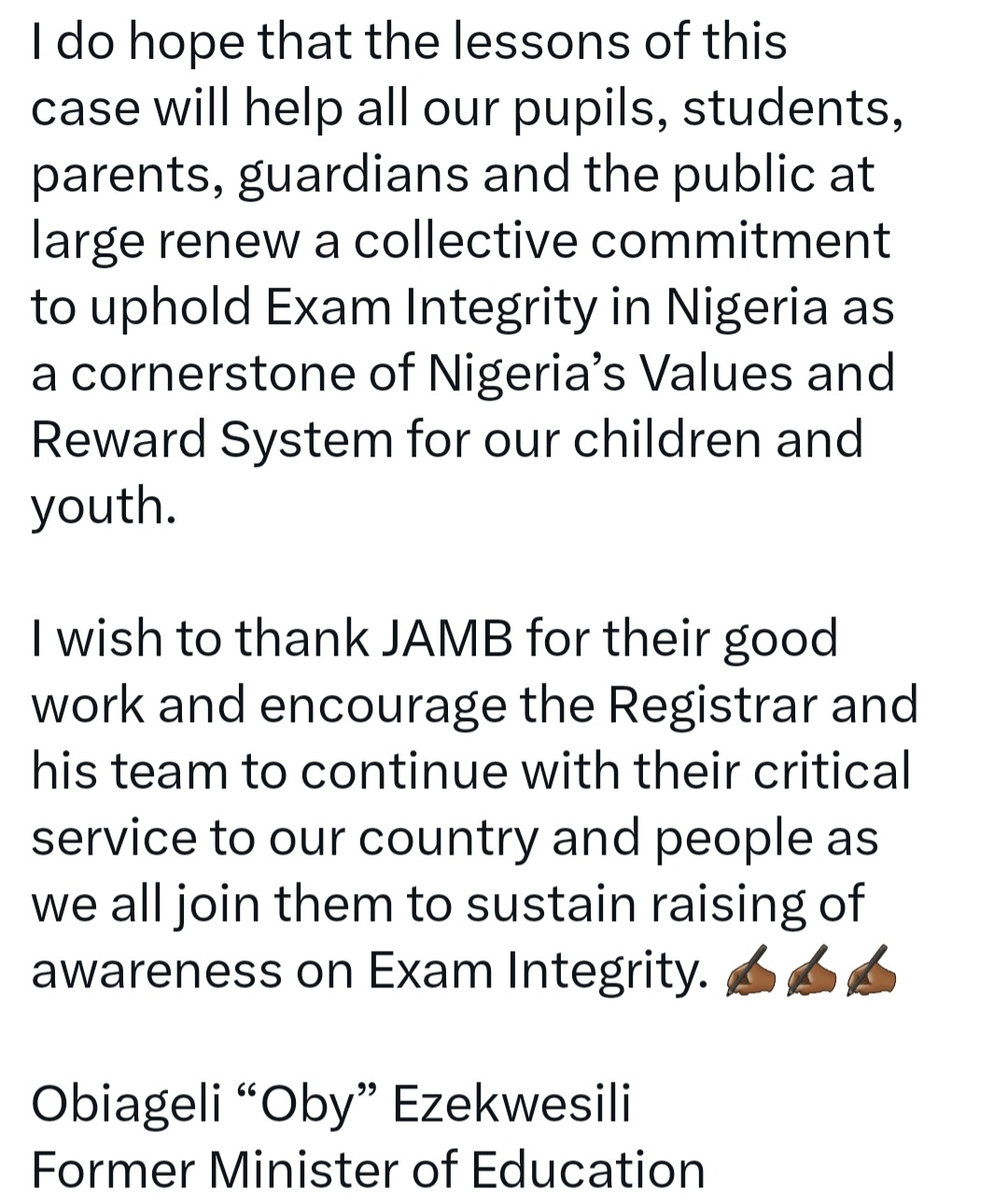 Former Minister of Education, Oby Ezekwesili reacts to Anambra Panel confirming that Mmesoma Ejikeme manipulated her UTME result and has confessed to it