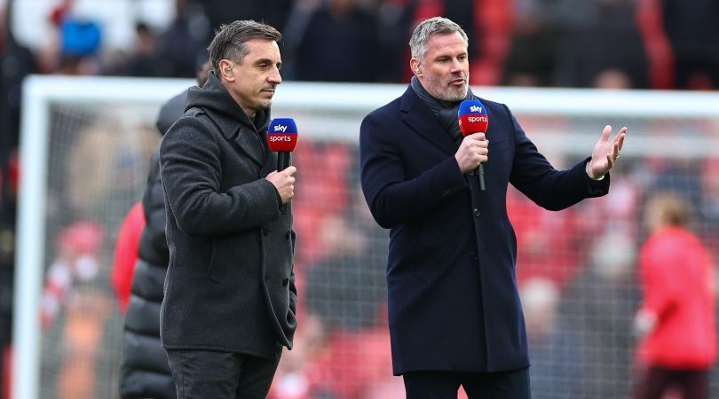 Gary Neville and Jamie Carragher covering Liverpool vs Manchester United for Sky Sports in March 2023.