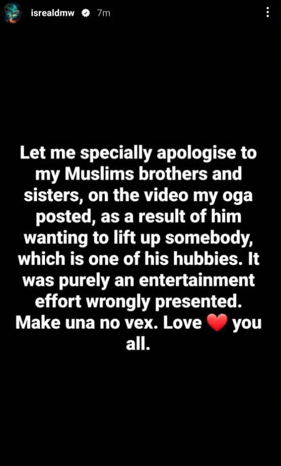Isreal Afeare apologises to the Muslim community over the video his boss, Davido, promoted recently that got them angry