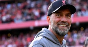 Liverpool manager Jurgen Klopp smiles during the Premier League match between Liverpool and Aston Villa at Anfield on May 20, 2023 in Liverpool, England.