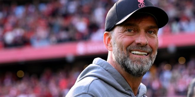 Liverpool manager Jurgen Klopp smiles during the Premier League match between Liverpool and Aston Villa at Anfield on May 20, 2023 in Liverpool, England.