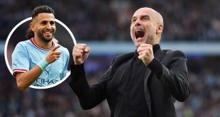 Manchester City manager Pep Guardiola celebrates their sides first goal during the UEFA Champions League semi-final second leg match between Manchester City FC and Real Madrid at Etihad Stadium on May 17, 2023 in Manchester, England.