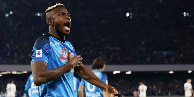 Manchester United target Victor Osimhen of SSC Napoli celebrates after scoring the 1-0 goal during the Serie A match between SSC Napoli and AS Roma at Stadio Diego Armando Maradona on January 29, 2023 in Naples, Italy.