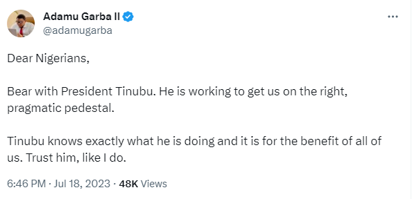 N617/litre: Bear with President Tinubu. He is working to get us on the right pedestal - Politician Adamu Garba appeals to Nigerians