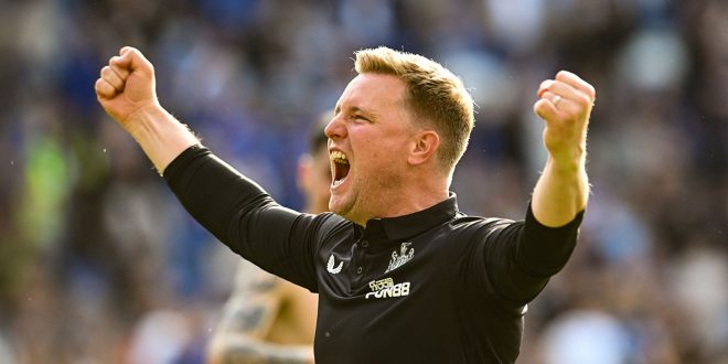 Newcastle United Head Coach Eddie Howe celebrates during the Premier League match between Chelsea FC and Newcastle United at Stamford Bridge on May 28, 2023 in London, England.