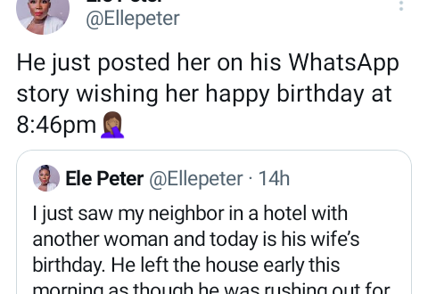 Nigerian lady reveals she saw her neighbour in a hotel with another woman on his wife