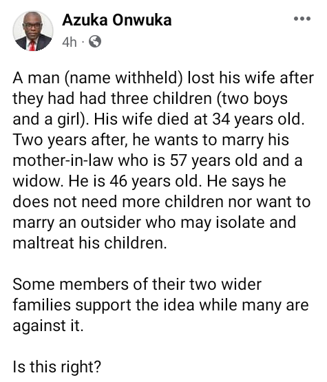 Nigerian man declares intention to marry his widowed mother-in-law two years after his wife