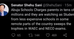 Shehu Sani shades Abuja schools for charging millions in school fees while they watch students in less expensive schools sweep the trophies in WAEC and NECO examinations