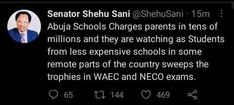 Shehu Sani shades Abuja schools for charging millions in school fees while they watch students in less expensive schools sweep the trophies in WAEC and NECO examinations