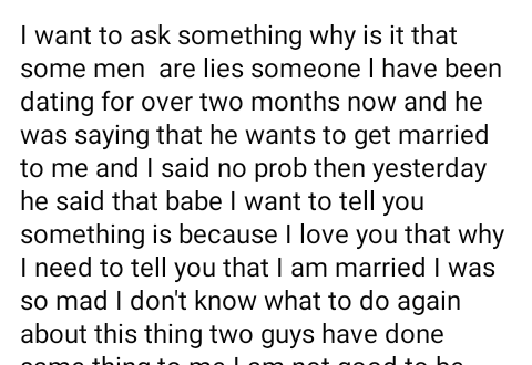 Some men are liars - Nigerian lady laments after her boyfriend of two months revealed he is a married man