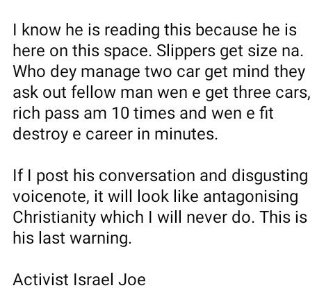 This is your last warning - Nigerian activist, Israel Joe calls out gay Warri prophet who allegedly