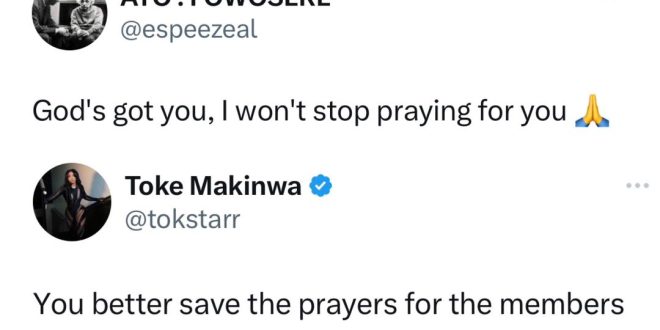 Toke Makinwa replies Twitter users