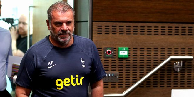 Tottenham Hotspur manager Ange Postecoglou arrives at the Spurs Training Ground on July 10, 2023 in London, England.