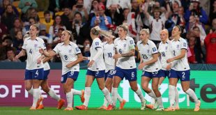 England women players celebrate after a goal at the 2023 Women