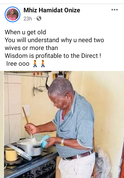 "You will understand why you need two wives or more when you get old" - Nigerian woman says as she shares photo of elderly man cooking