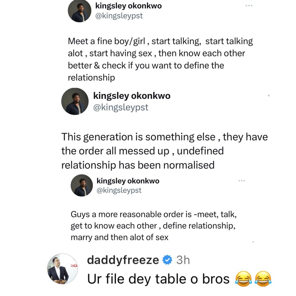 Your file is on the table - DaddyFreeze reacts to clergyman Kingsley Okonkwo?s post decrying the rate at which intending couples meet and start having s%x immediately