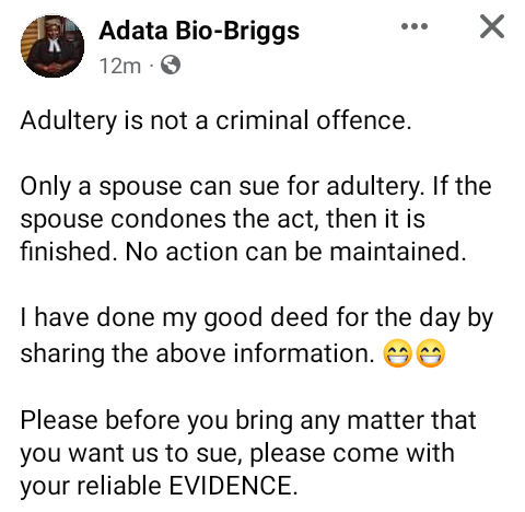 "Adultery is not a criminal offence" - Rivers FIDA chairperson says