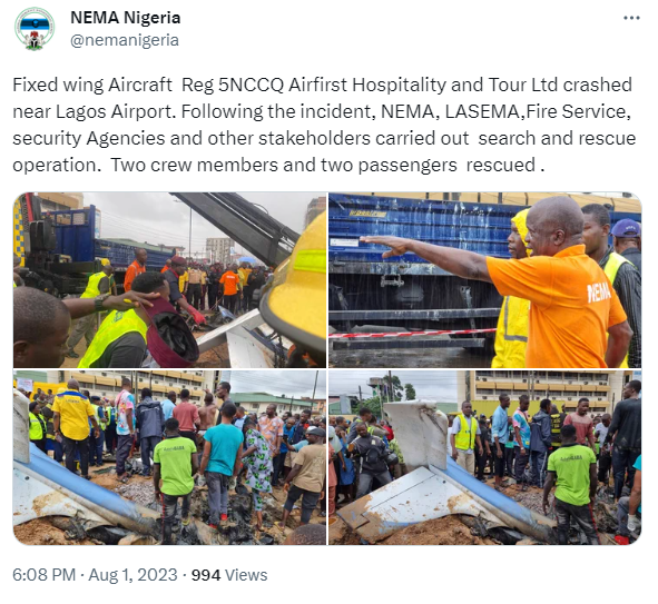 All 4 passengers involved in Lagos air crash survived - NEMA