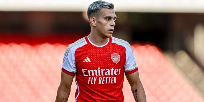 Arsenal star Leandro Trossard looks on during the pre-season friendly match between 1. FC Nürnberg and Arsenal FC at Max-Morlock Stadion on July 13, 2023 in Nuremberg, Germany.