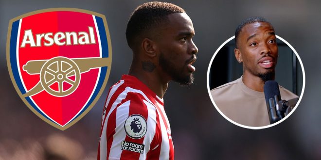 Arsenal badge and Ivan Toney of Brentford looks on during the Premier League match between Brentford FC and Nottingham Forest at Brentford Community Stadium on April 29, 2023 in Brentford, England.