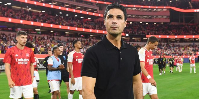 Arsenal manager Mikel Arteta looks on after the Pre-Season Friendly match between Arsenal and FC Barcelona at SoFi Stadium on July 26, 2023 in Inglewood, California