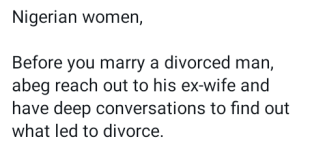 Before you marry a divorced man, reach out to his ex-wife and have deep conversations to find out what led to divorce - Pharmacist advises Nigerian women