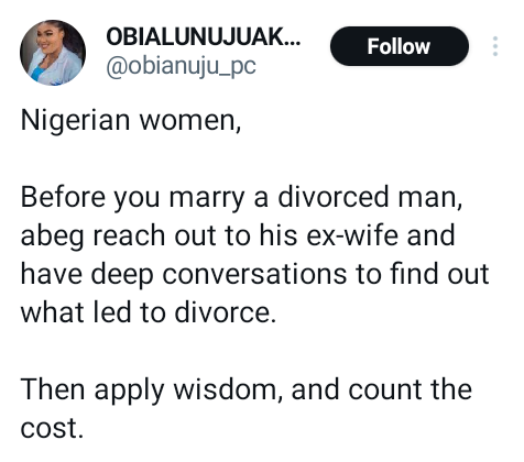 Before you marry a divorced man, reach out to his ex-wife and have deep conversations to find out what led to divorce - Pharmacist advises Nigerian women