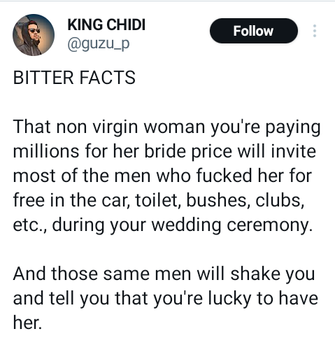 Foolishness is spending millions on bride price, marriage lists and wedding ceremony for a woman who several men knacked for free - Nigerian man says