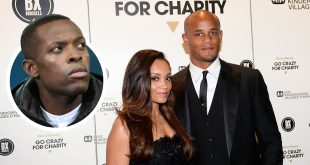 Belgian footballer Vincent Kompany and his wife Carla Higgs arrive for the charity gala dinner SOS Villages d