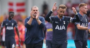 Tottenham manager Ange Postecoglou and midfielder James Maddison applaud the fans after the 2-2 draw at Brentford in August 2023.