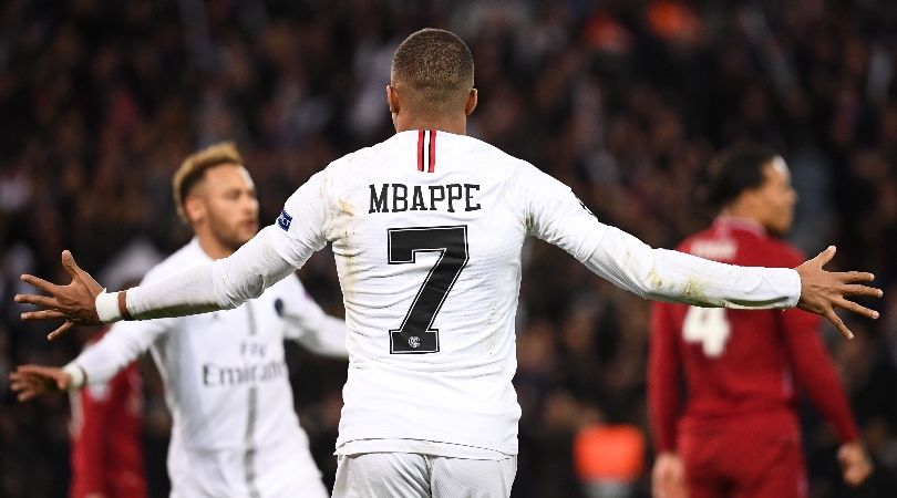 Kylian Mbappe celebrates a PSG goal against Liverpool in the Champions League in 2018.