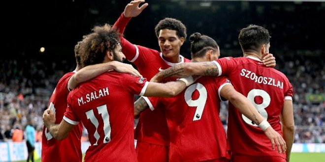 Liverpool players celebrate after a 2-1 win at Newcastle in the Premier League in August 2023.
