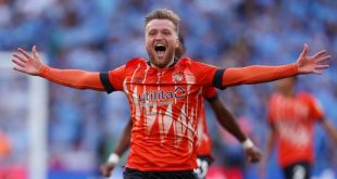 Luke Berry of Luton Town celebrates after Fankaty Dabo of Coventry City (not pictured) misses a penalty in the penalty shoot out which results in a promotion to the Premier League for Luton Town in the Sky Bet Championship Play-Off Final between Coventry City and Luton Town at Wembley Stadium on May 27, 2023 in London, England. (Photo by Richard Heathcote/Getty Images)