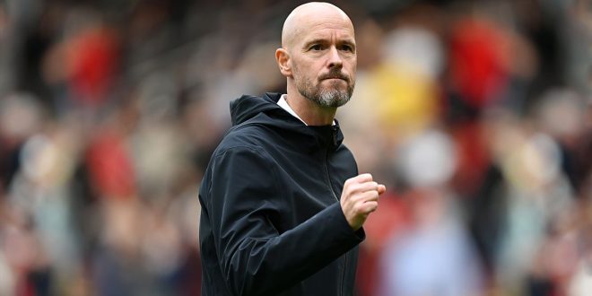 Manchester United manager Erik ten Hag celebrates victory at full-time following the Premier League match between Manchester United and Nottingham Forest at Old Trafford on August 26, 2023 in Manchester, England.