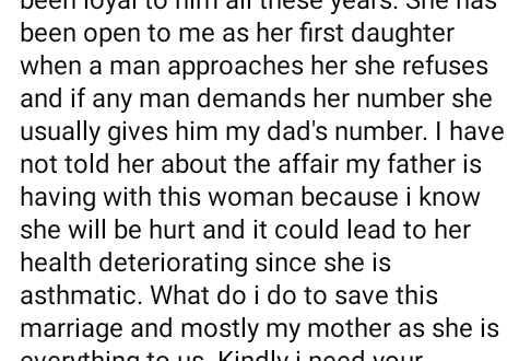 My mom will be hurt if I tell her - Young woman seeks advice after she found out her father has a married side chick