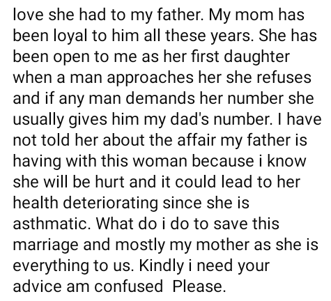 My mom will be hurt if I tell her - Young woman seeks advice after she found out her father has a married side chick