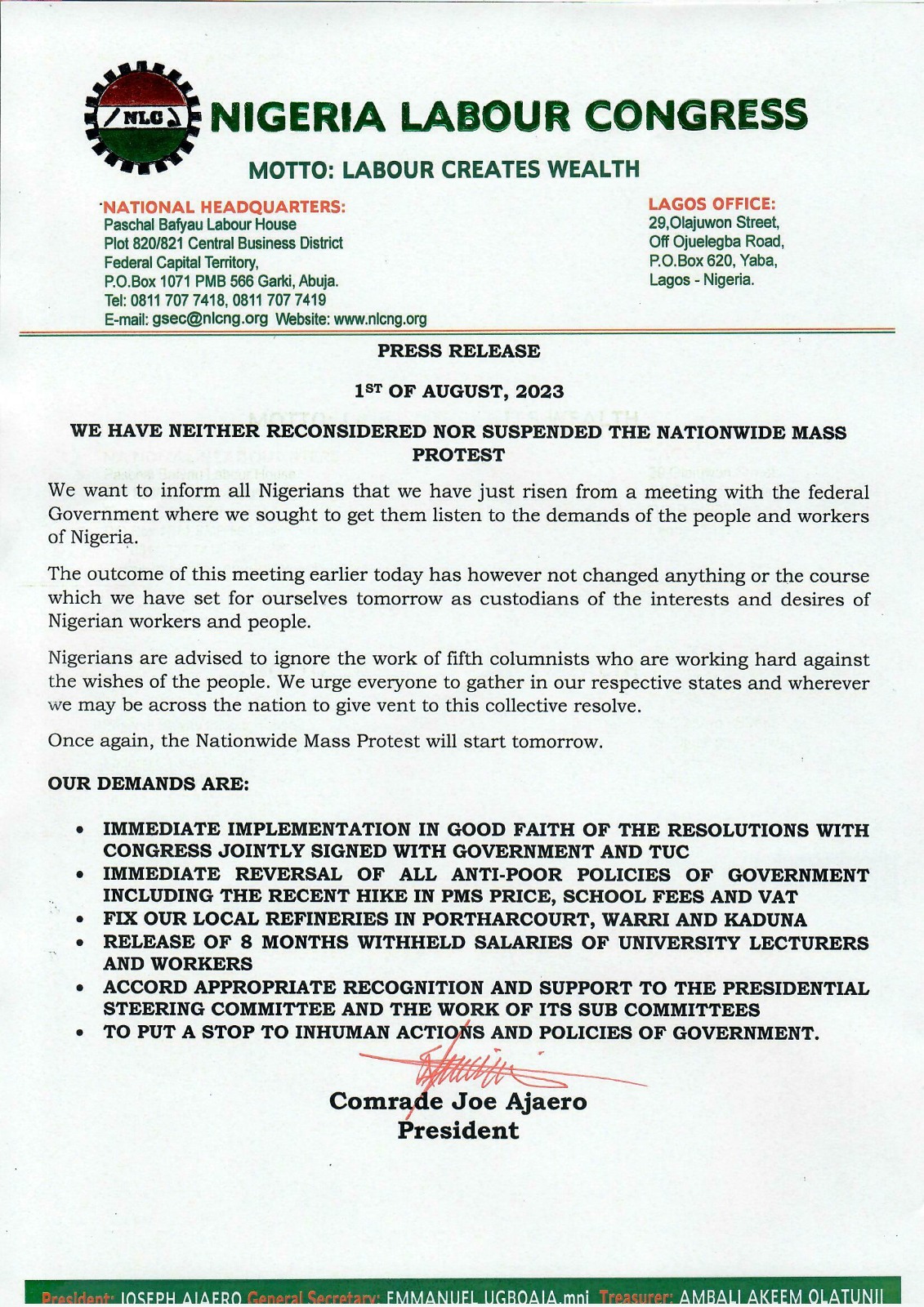 NLC denies reports it has postponed tomorrow?s nationwide protest
