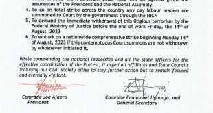 NLC threatens nationwide strike August 14 over lawsuit