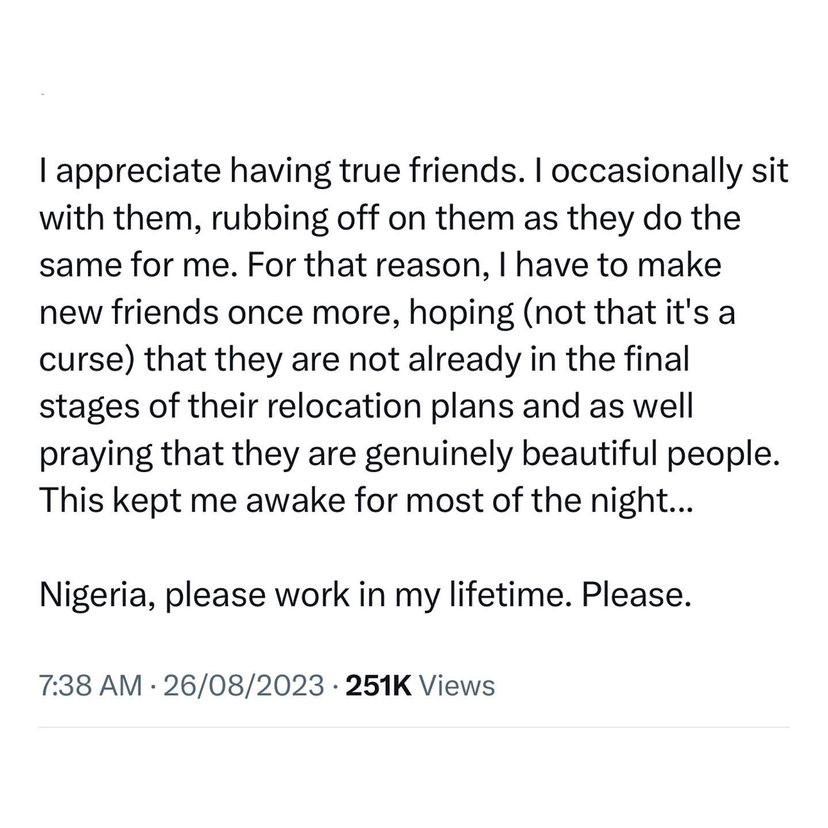 Nigeria, please work in my lifetime - Nigerian man prays as he reflects on the number of friends he has lost to ?Japa syndrome?